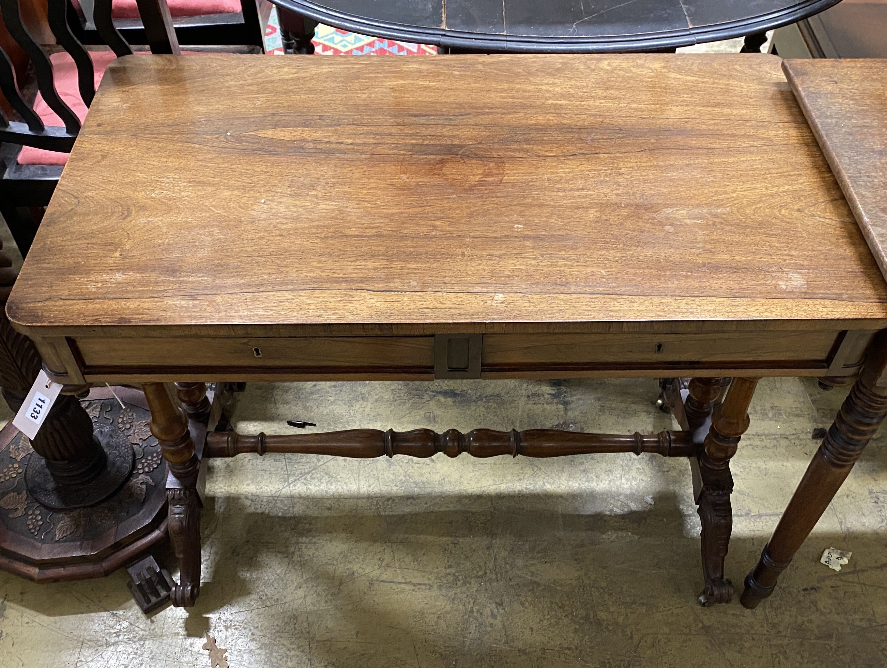 A Victorian rectangular rosewood two drawer side table, width 92cm, depth 50cm, height 73cm